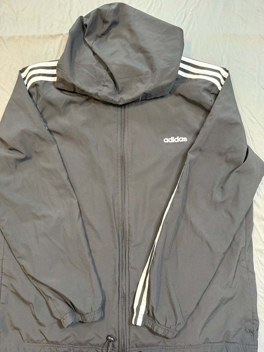 Adidas Black 3-Stripe Full Zip Hooded Windbreaker Jacket XL